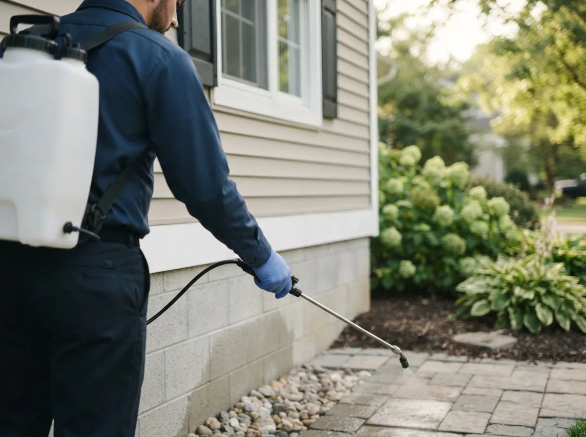 Pest control technician inspecting a home in Lansing, IL